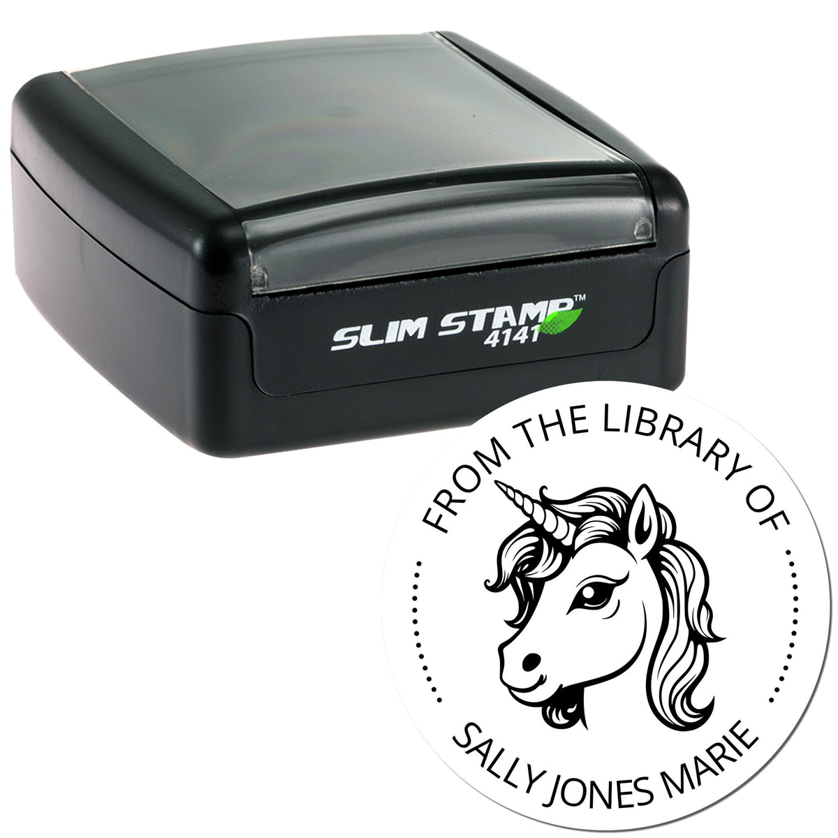 Black Slim Stamp 4141 self-inking stamp with round white unicorn library seal reading Sally Jones Marie.