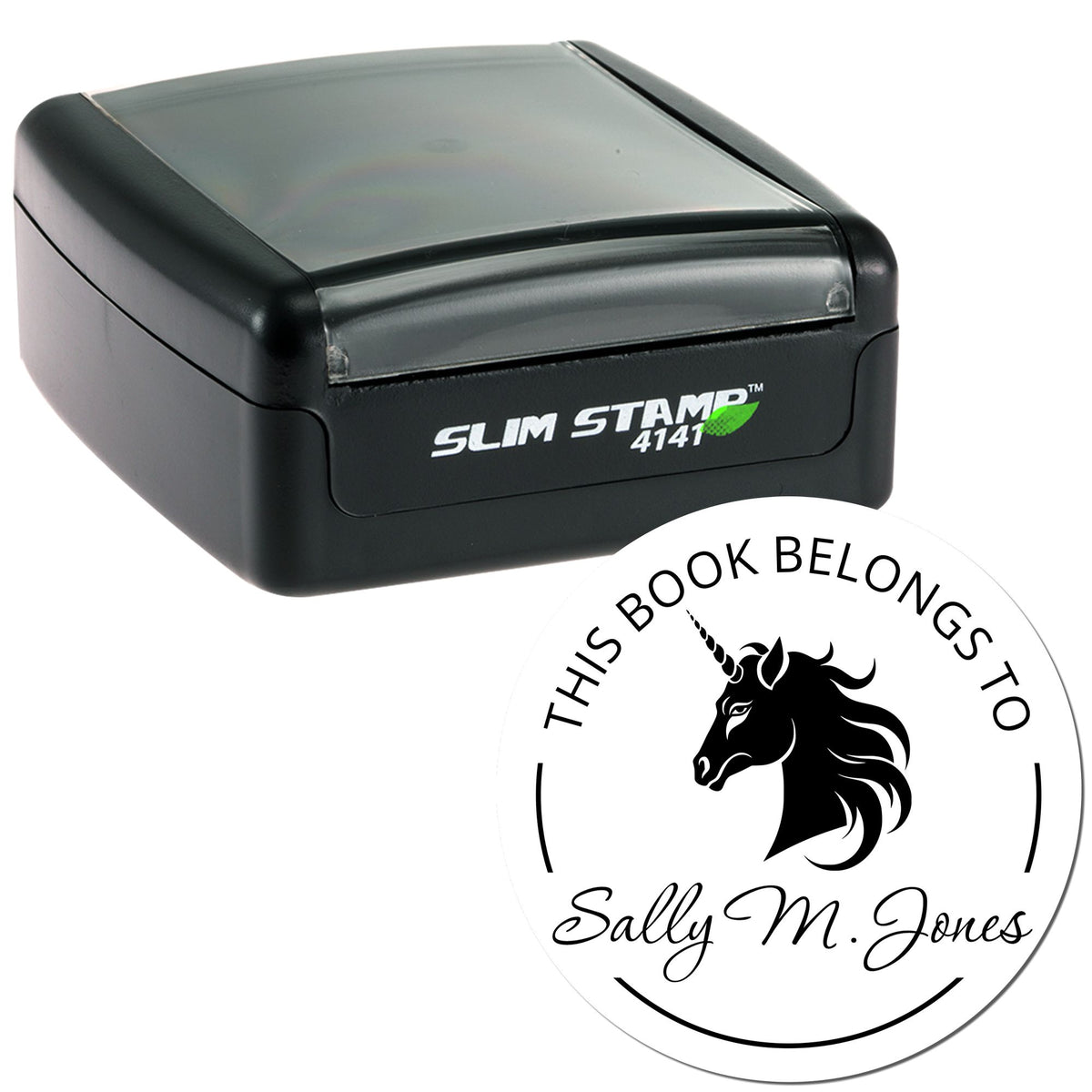 Black Slim Stamp 4141 and round white unicorn book seal with This Book Belongs to Sally M. Jones