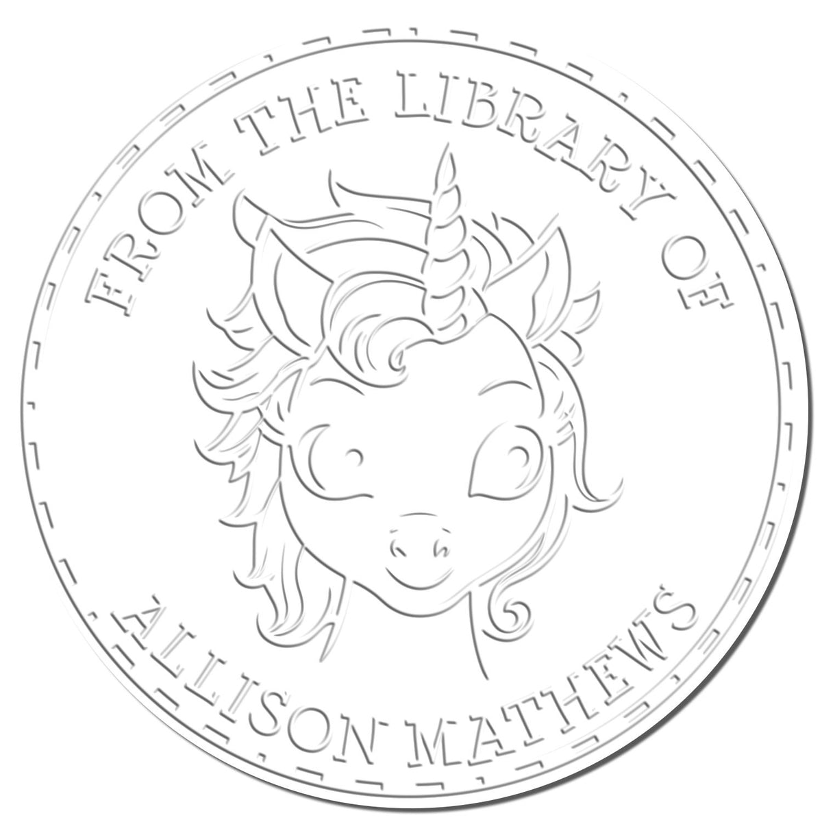 Gray circular library book stamp and seal with unicorn head and text: From the Library of Ellison Matthews.