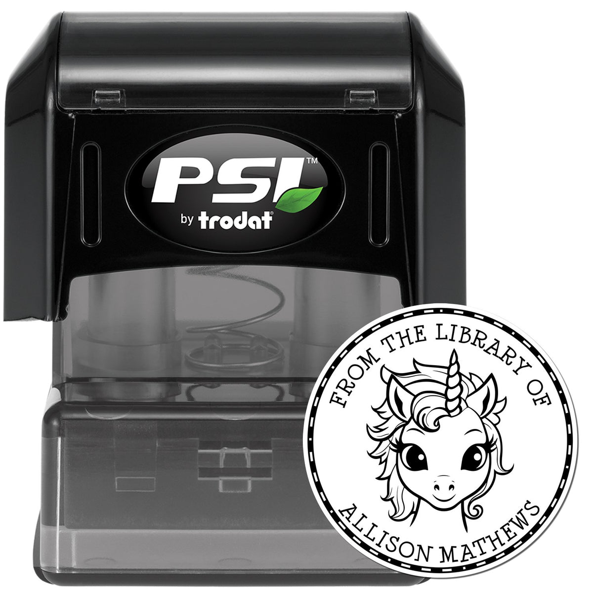 Black PSI by trodat self-inking stamp with clear base and circular black-and-white unicorn library seal.