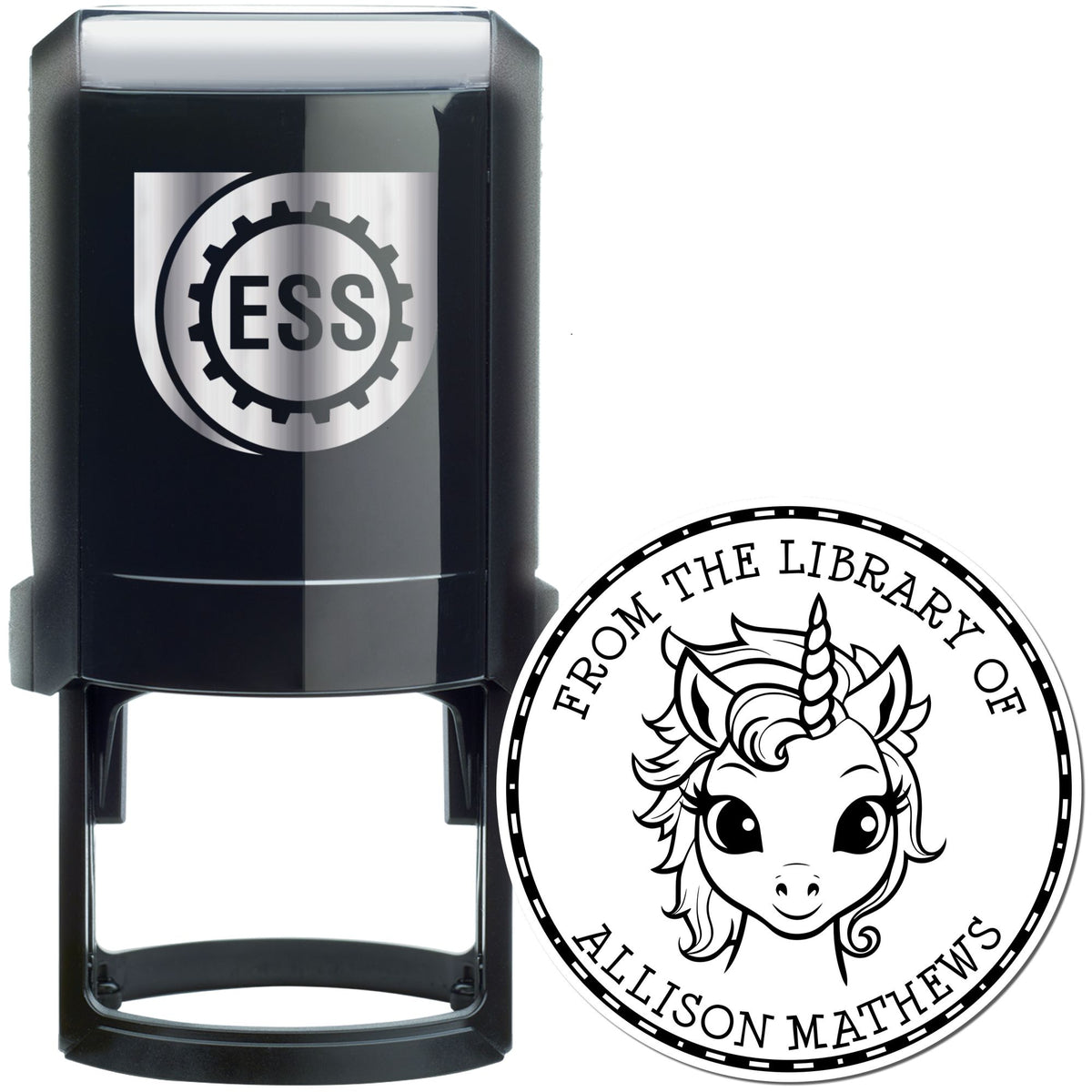 Black self-inking stamp and white round seal with ESS gear logo, unicorn design, and library text