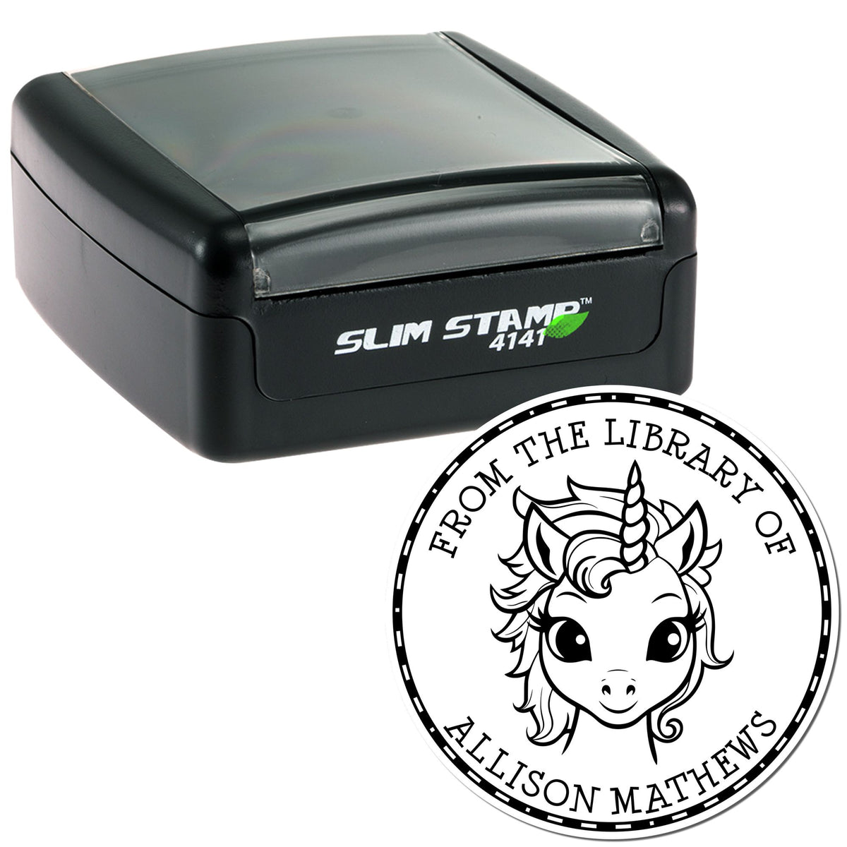 Black self-inking stamp and round library seal with unicorn design, black and white, for Allison Mathews library branding