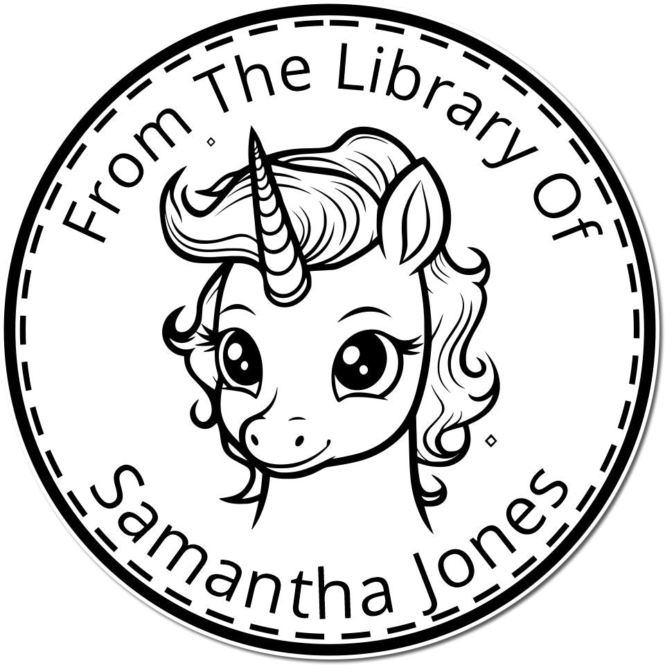 Black-and-white circular library stamp seal with a unicorn head and From The Library Of Samantha Jones text.