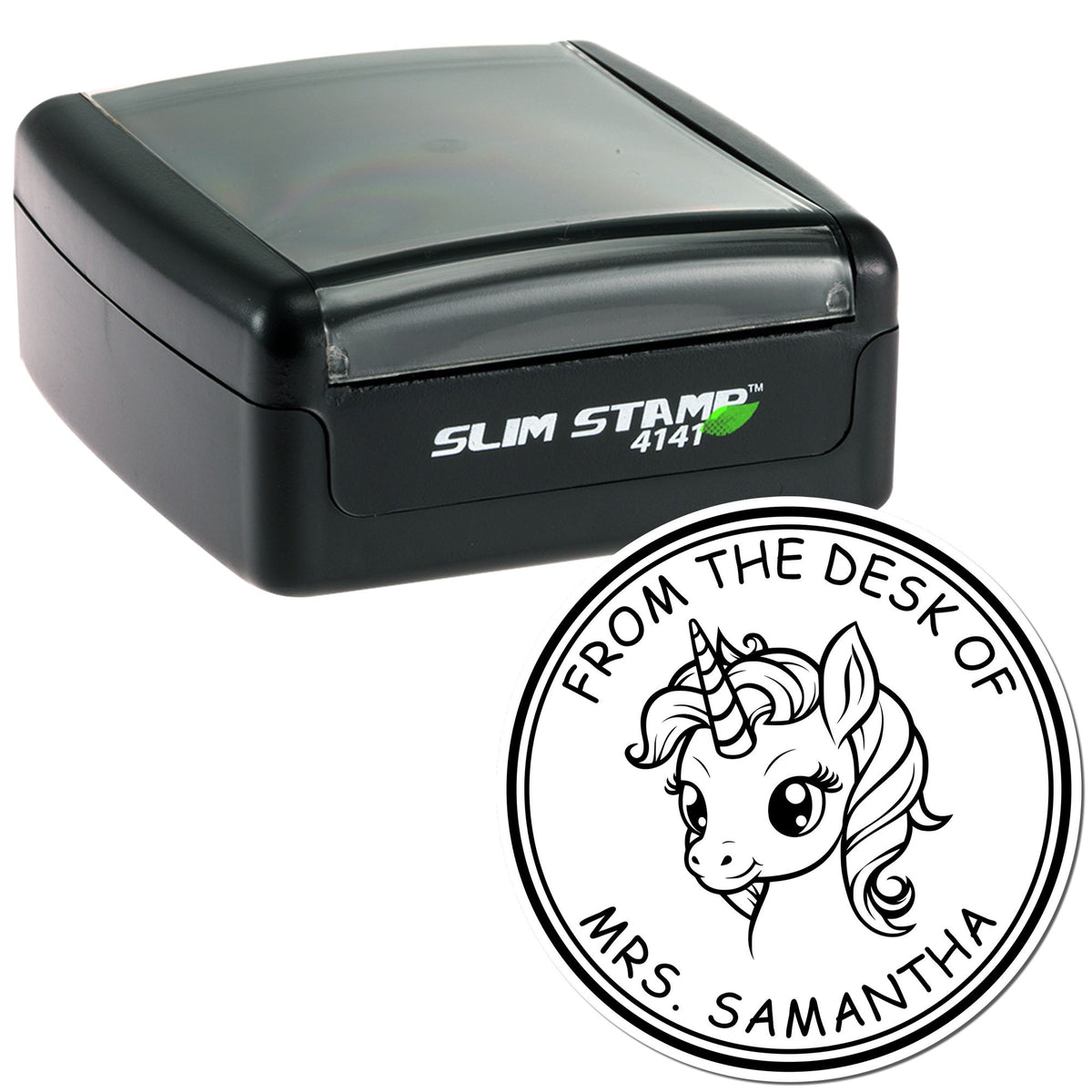 Black Slim Stamp 4141 with round custom seal featuring a unicorn and From the Desk of Mrs. Samantha text.