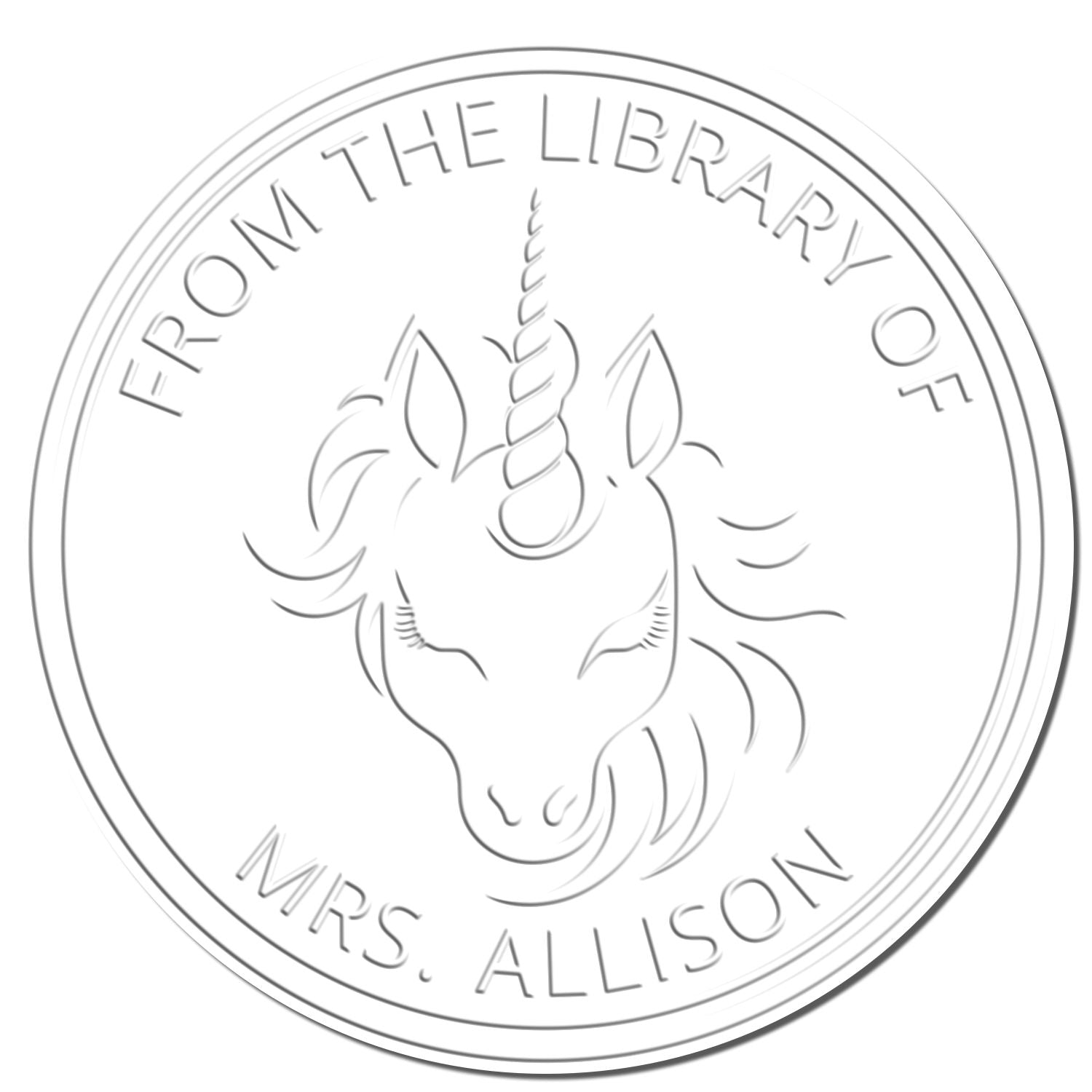 Silver circular library stamp seal with unicorn head and embossed text, From the Library of Mrs. Allison.