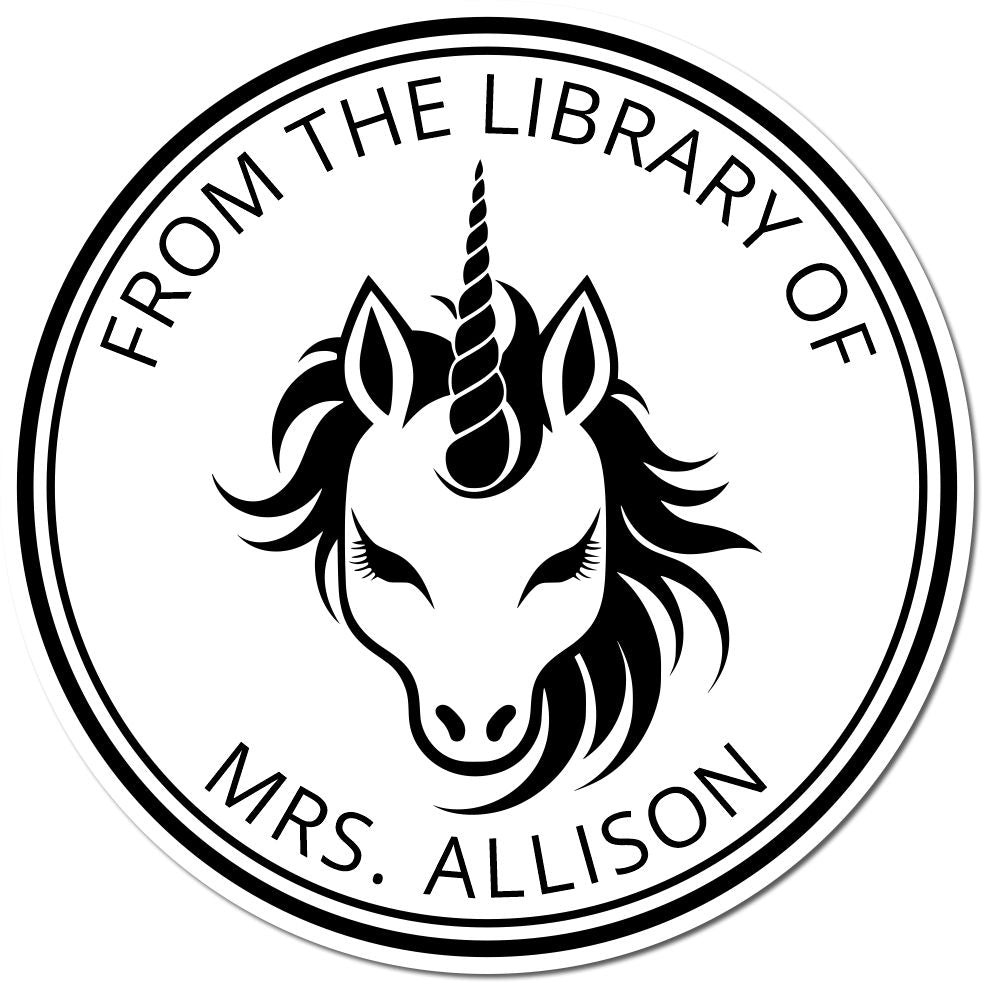 Black-and-white circular library stamp seal with unicorn head and text From the Library of Mrs. Allison