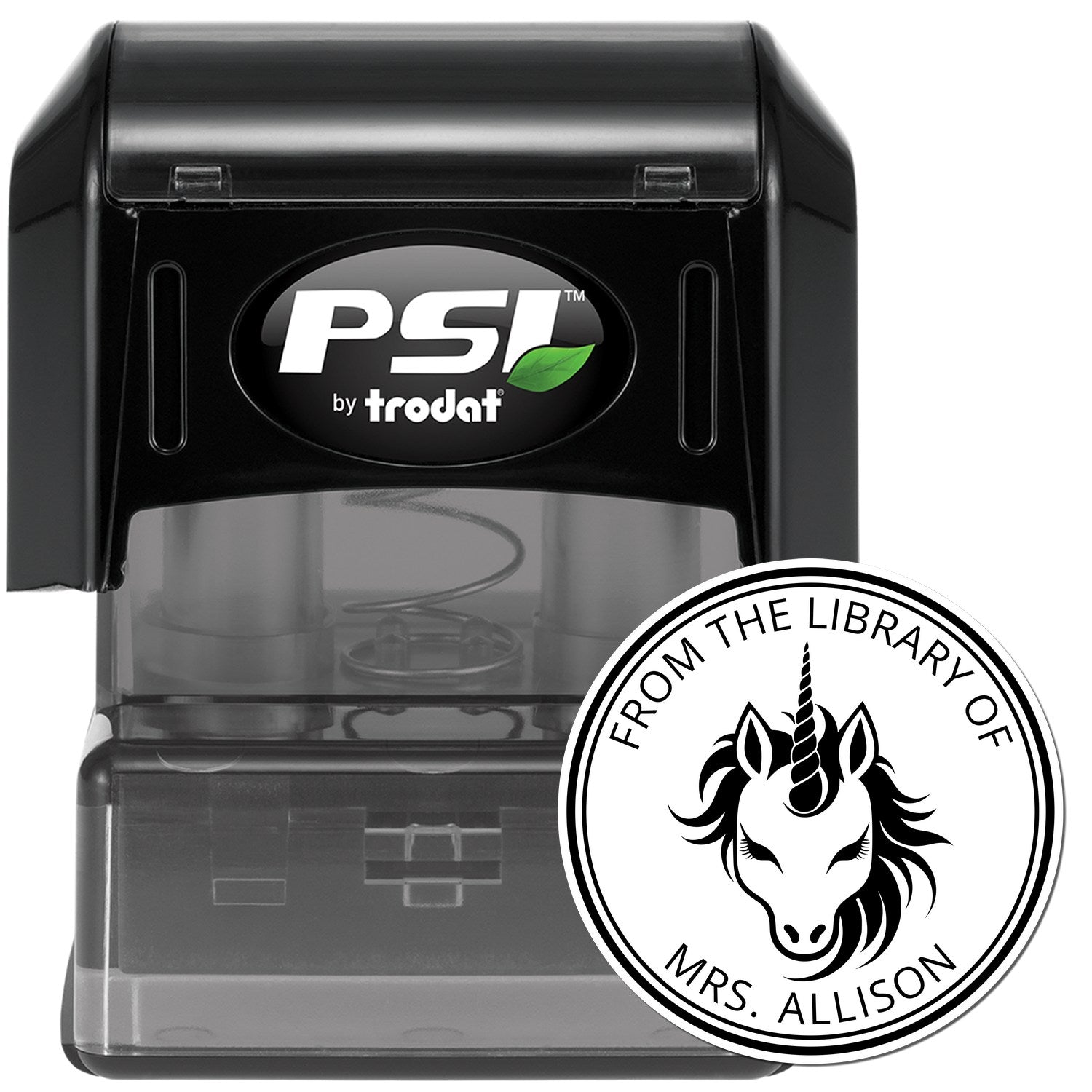 Black PSI by Trodat self-inking stamp with clear base and custom black-and-white unicorn library seal design.