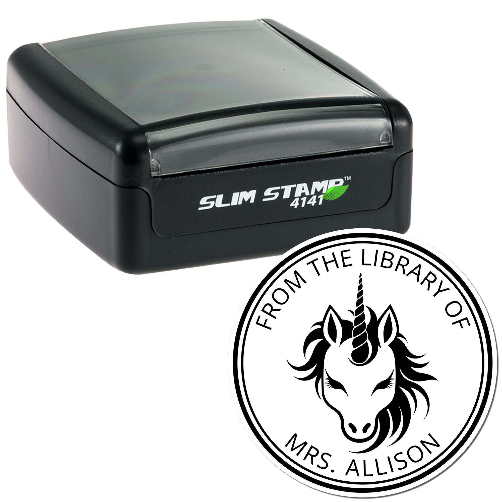 Black Slim Stamp 4141 with translucent gray cap and circular unicorn seal reading From the Library of Mrs. Allison.