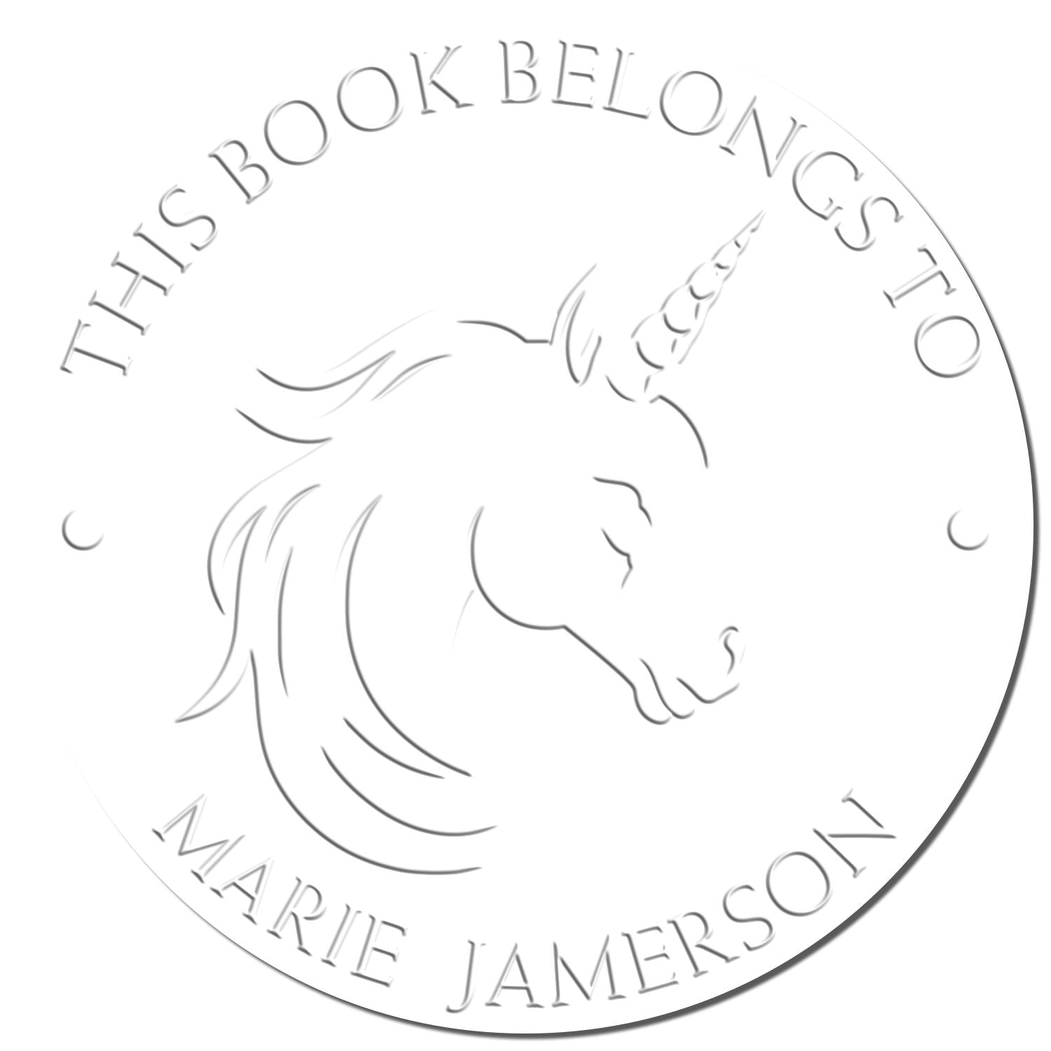 Circular white embossed book stamp seal with unicorn and curved text, This Book Belongs to Marie Jamerson.