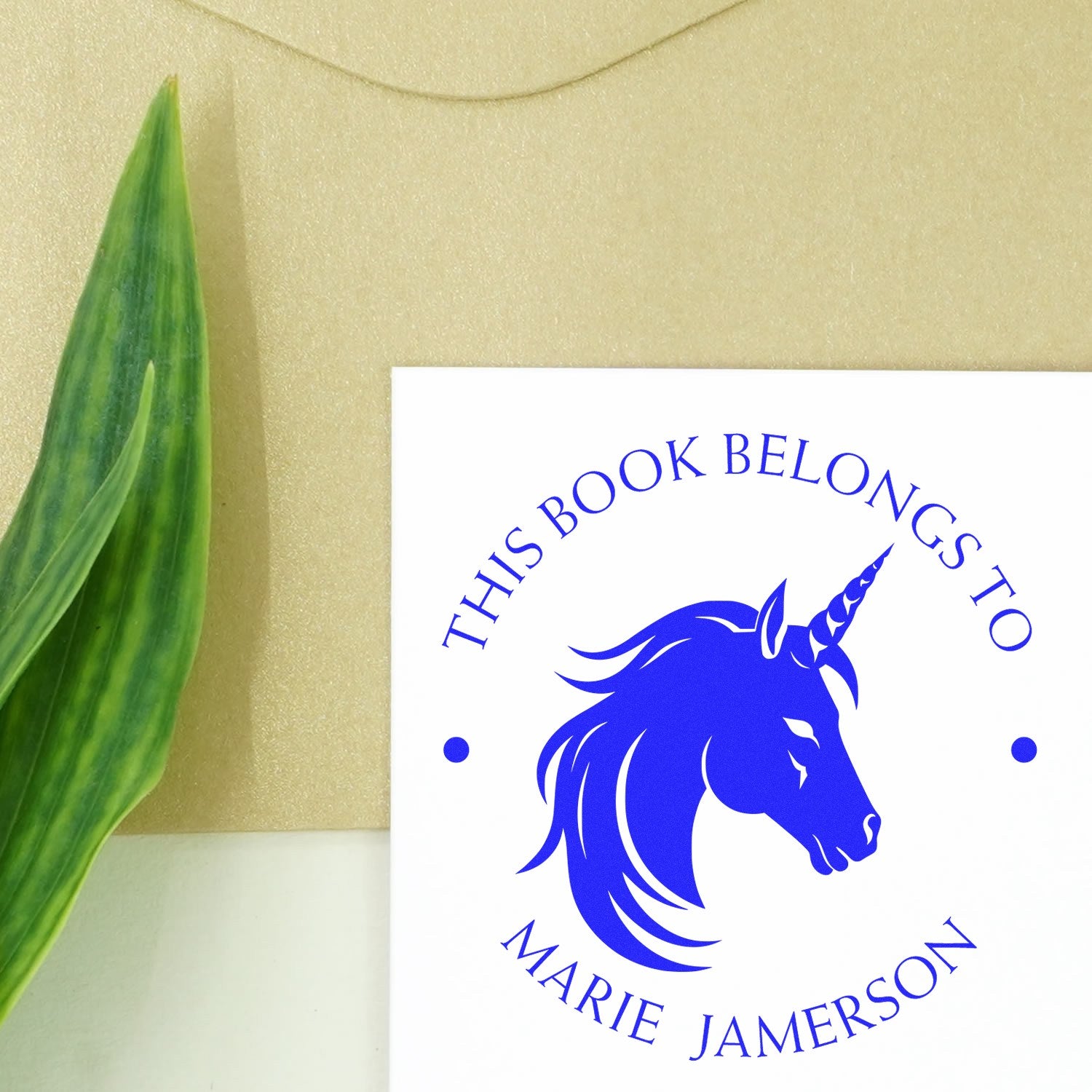 Blue unicorn custom stamp seal for books, with This Book Belongs to Marie Jamerson on a white card.