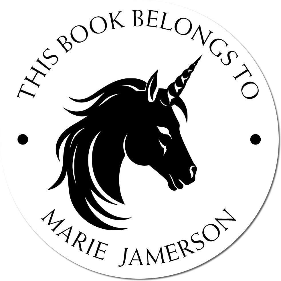 Black circular book stamp and seal with a unicorn head and This Book Belongs to Marie Jamerson text.