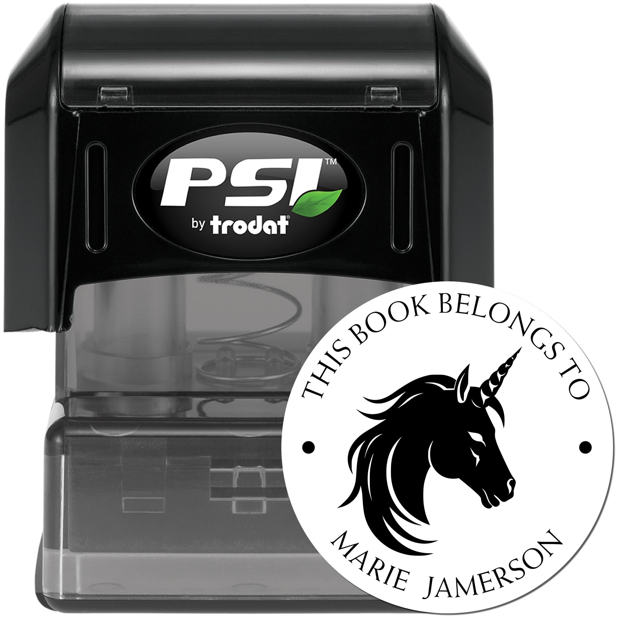 Black PSI by Trodat self-inking stamp with a white circular book seal, black unicorn graphic, and personalized text.
