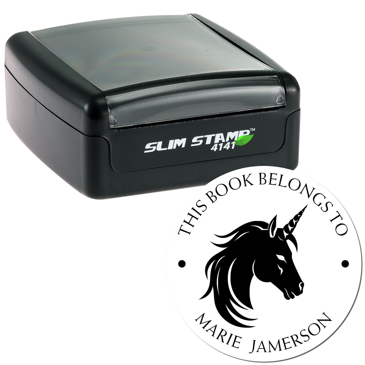 Black Slim Stamp self-inking stamp with custom white round seal featuring a unicorn logo and black text.