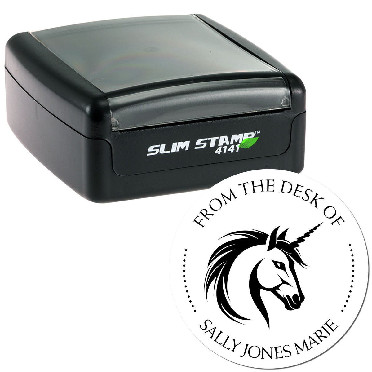 Black Slim Stamp 4141 self-inking desk stamp with clear cap and white round seal featuring unicorn logo and custom text.