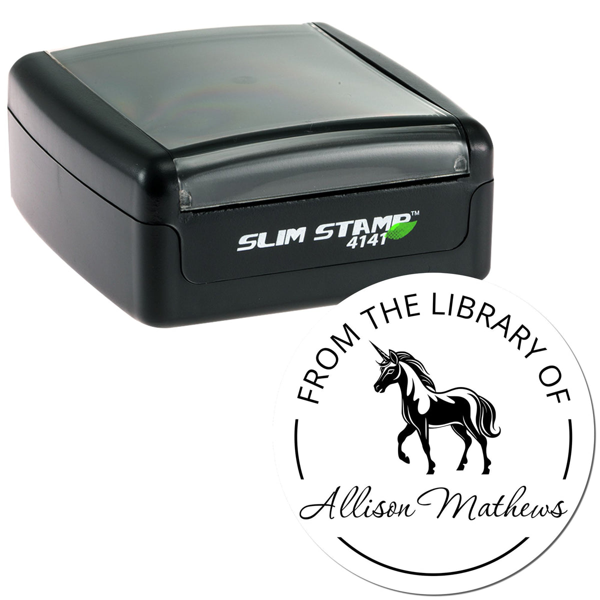 Black slim self-inking stamp and round custom seal with unicorn, From the Library of text, and Allison Mathews name.