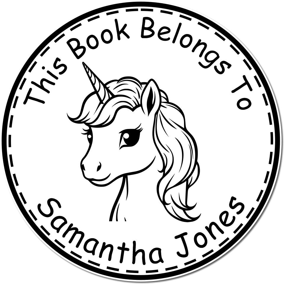 Black-and-white round book stamp seal with a unicorn head and This Book Belongs To Samantha Jones.