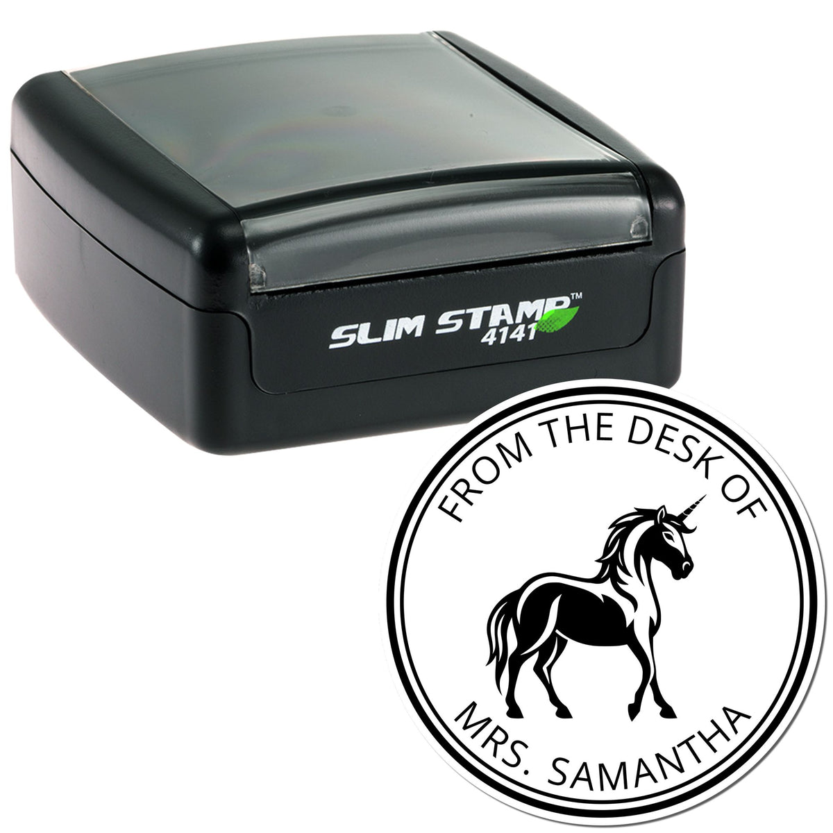 Black Slim Stamp 4141 with translucent gray top and circular custom seal reading From the Desk of Mrs. Samantha with unicorn.