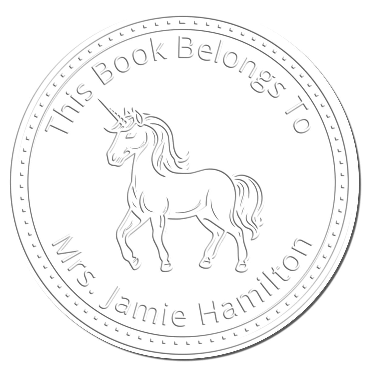 Close-up of a Willowhoof Magical Unicorn Handheld Custom Book Library Name Seal by ESS, featuring a fantasy unicorn design.