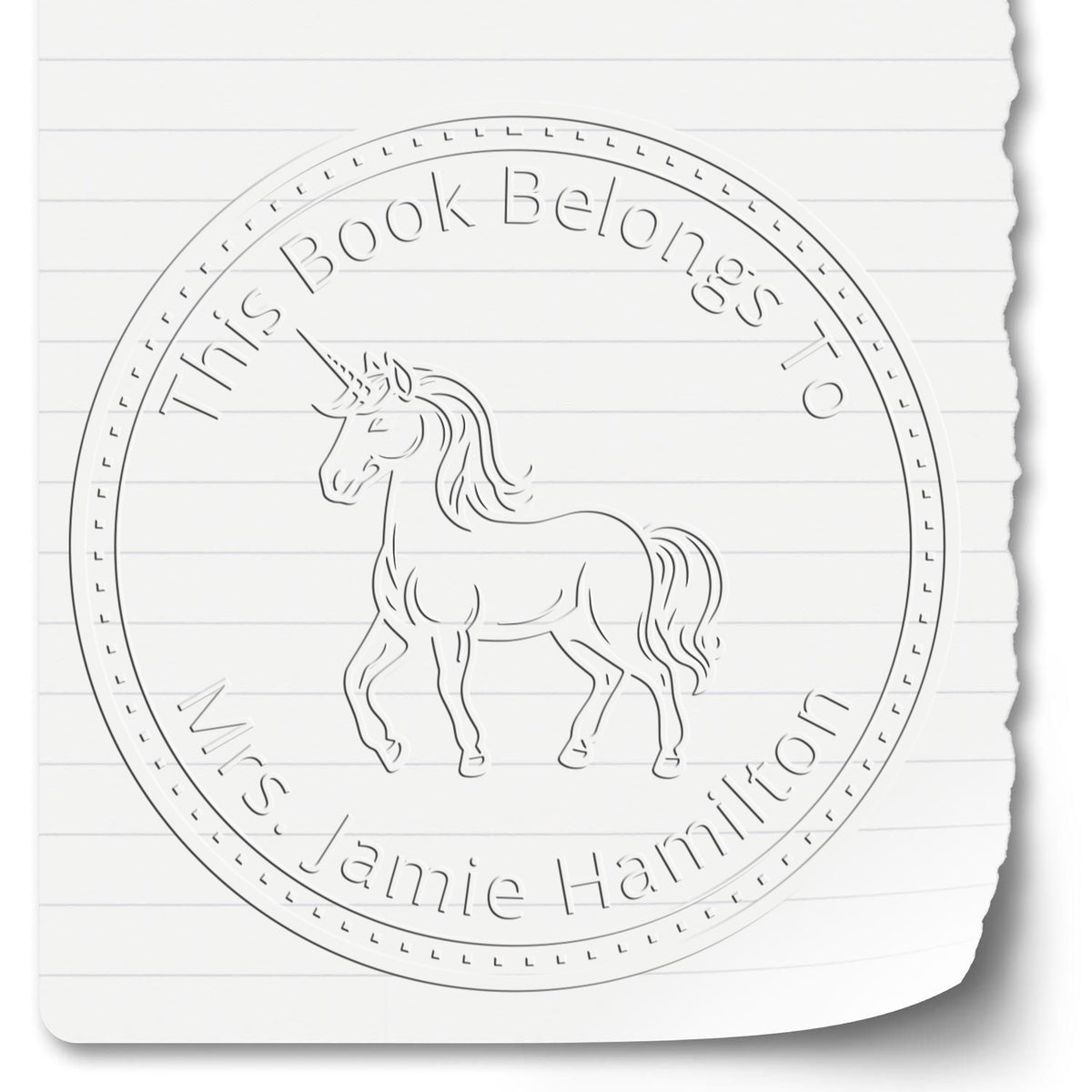 ESS Willowhoof Magical Unicorn handheld fantasy stamp used to personalize books with a whimsical unicorn design.