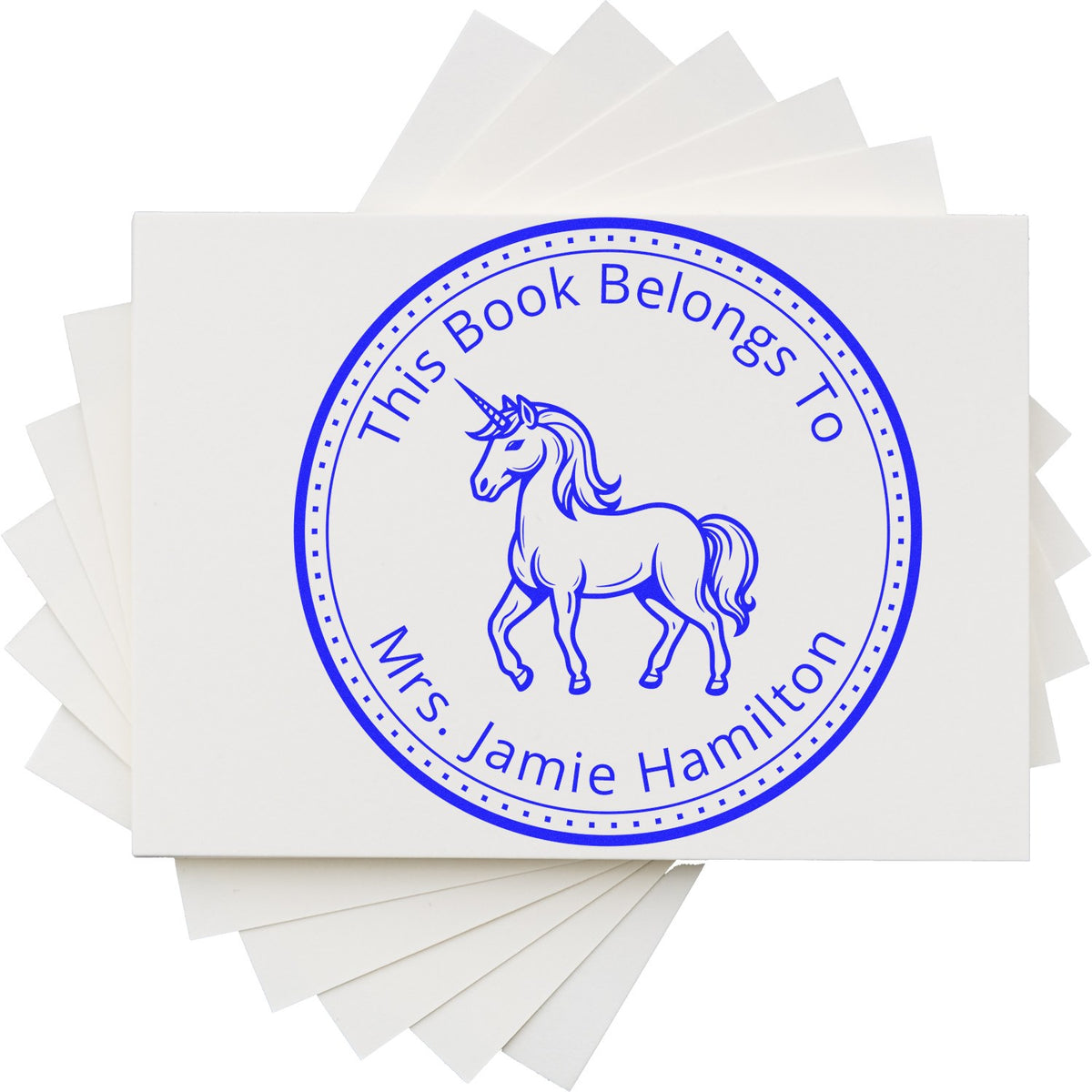 Blue unicorn book stamp and seal reading This Book Belongs To Mrs. Jamie Hamilton on white bookplate stickers.