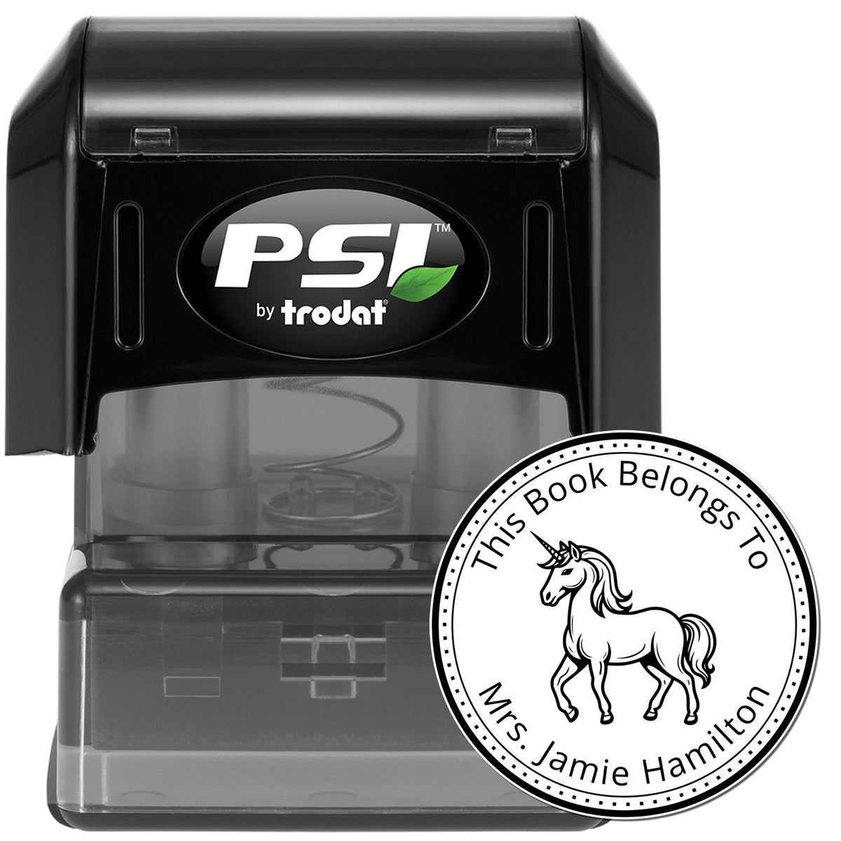 Black PSI by Trodat self-inking stamp with translucent base and round unicorn bookplate seal for Mrs. Jamie Hamilton.