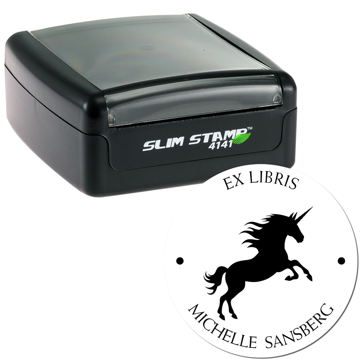 Black Slim Stamp 4141 self-inking stamp with white round ex libris seal featuring a black unicorn and text.