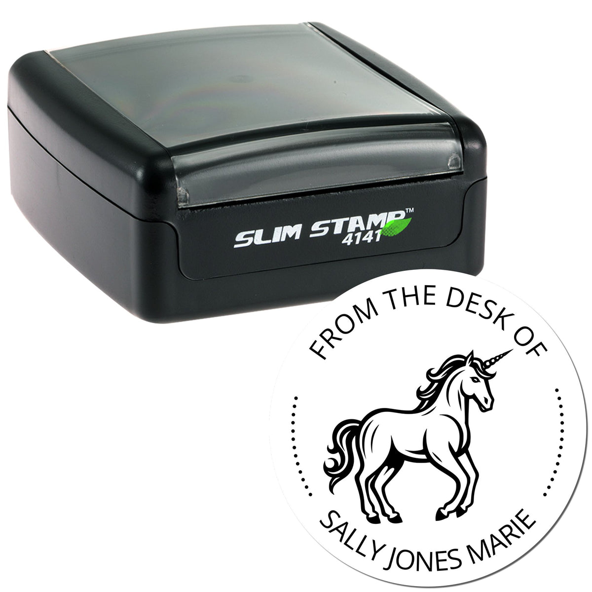 Black Slim Stamp 4141 self-inking stamp with white round unicorn seal reading ĀFrom the Desk of Sally Jones MarieĀ