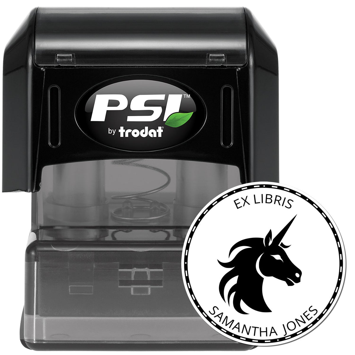 Black PSI by trodat self-inking stamp with round ex libris unicorn seal, white text and design.