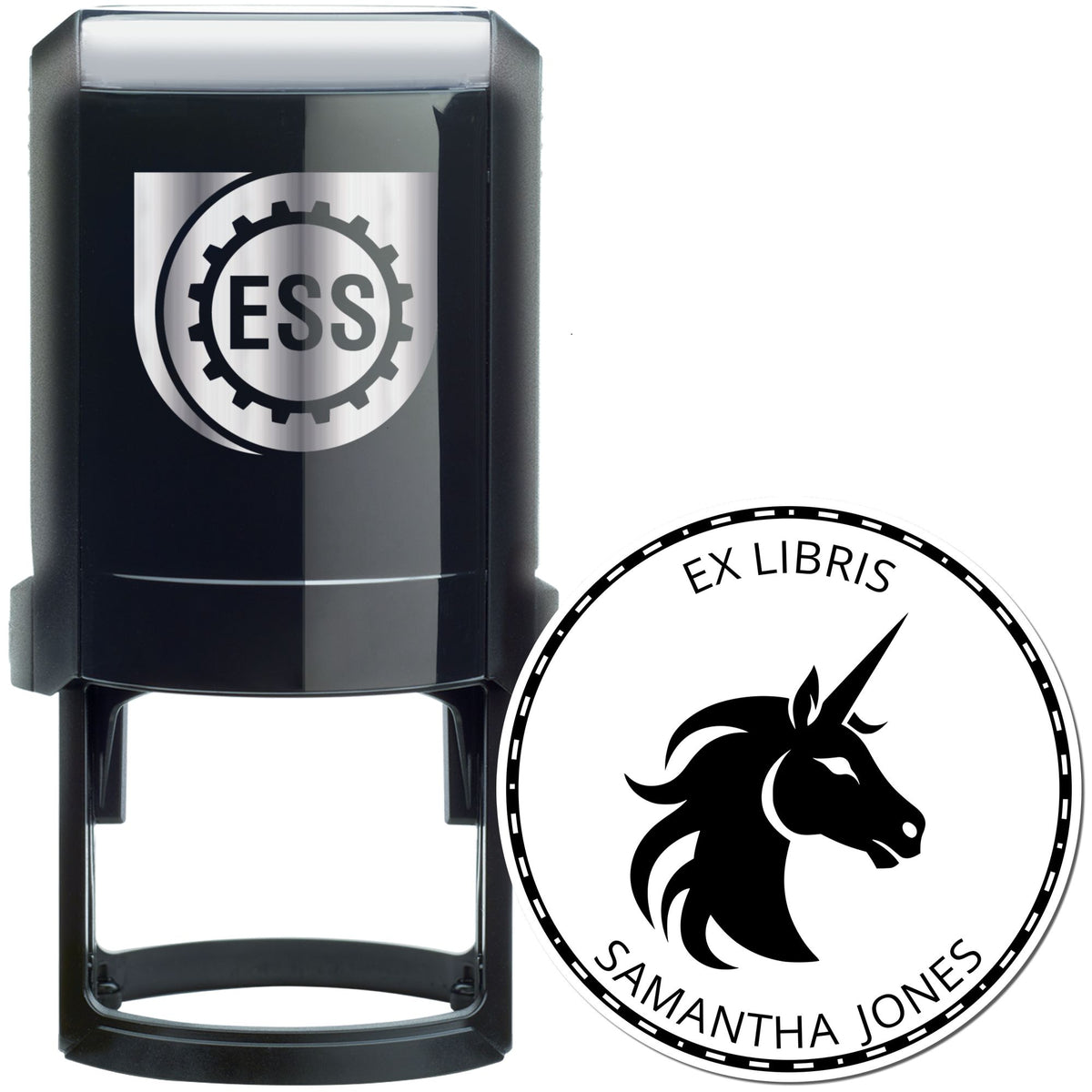 Black and silver self-inking stamp with ESS logo and round unicorn ex libris seal on white background.