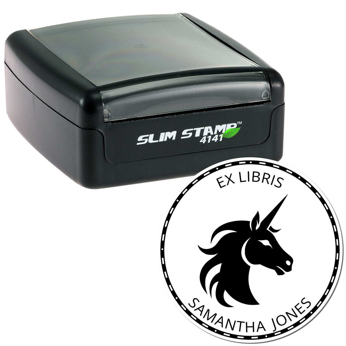 Black Slim Stamp 4141 self-inking stamp with circular ex libris seal, unicorn emblem, and Samantha Jones name.