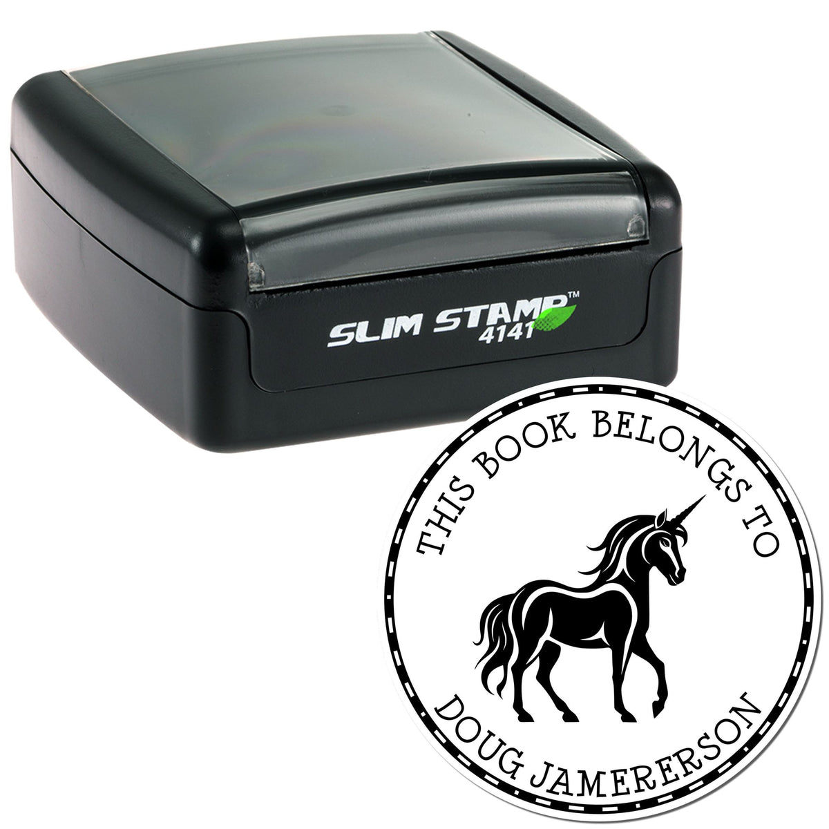 Black Slim Stamp 4141 with translucent gray top and custom circular seal featuring a unicorn and This Book Belongs To text.