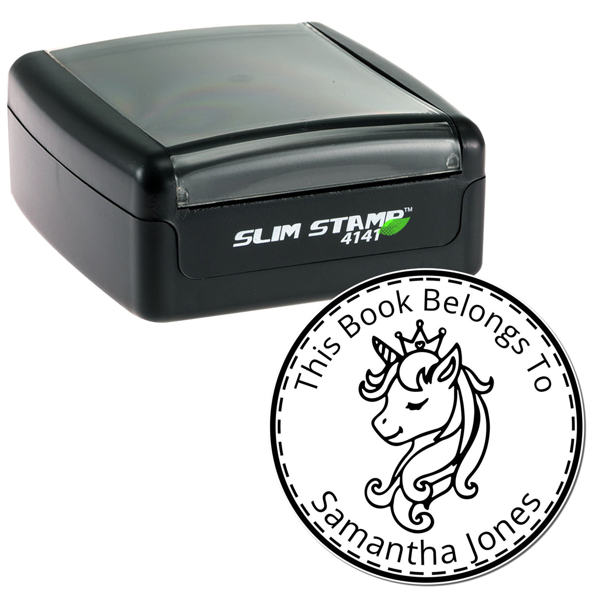 Black Slim Stamp 4141 with custom circular unicorn book seal reading This Book Belongs To Samantha Jones