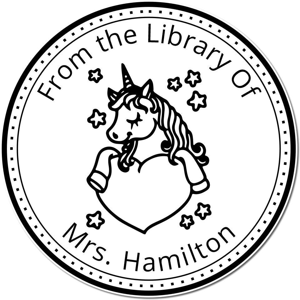 Black-and-white circular library stamp seal with unicorn, stars, and text From the Library Of Mrs. Hamilton