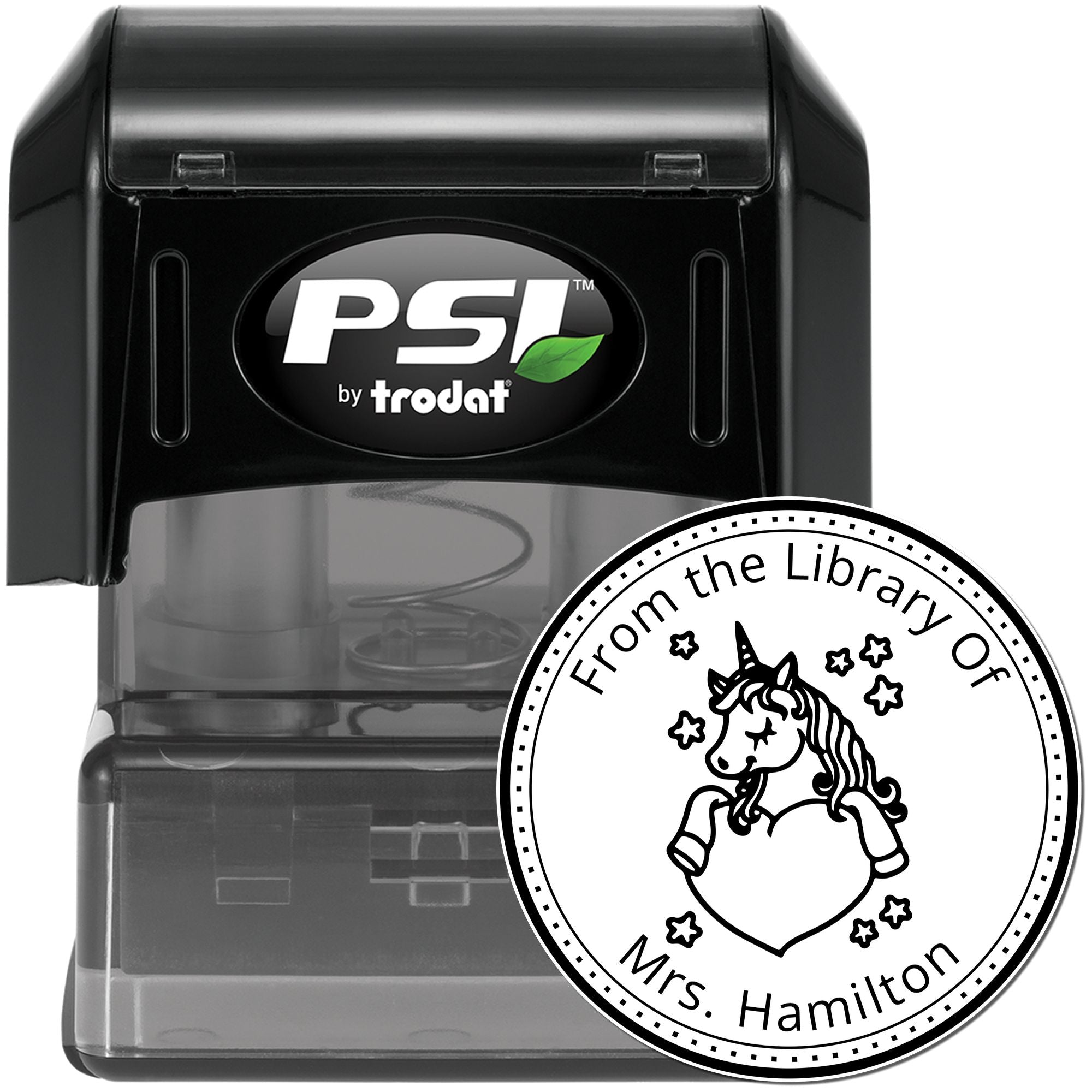 Black PSI by Trodat self-inking stamp with clear base and round white library seal featuring a unicorn and Mrs. Hamilton.