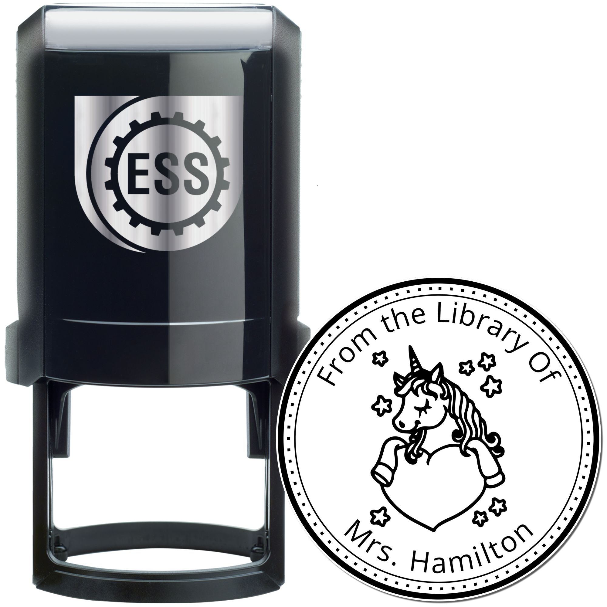 Black self-inking ESS stamp with round unicorn library seal, black-and-white custom stamp and seal products.