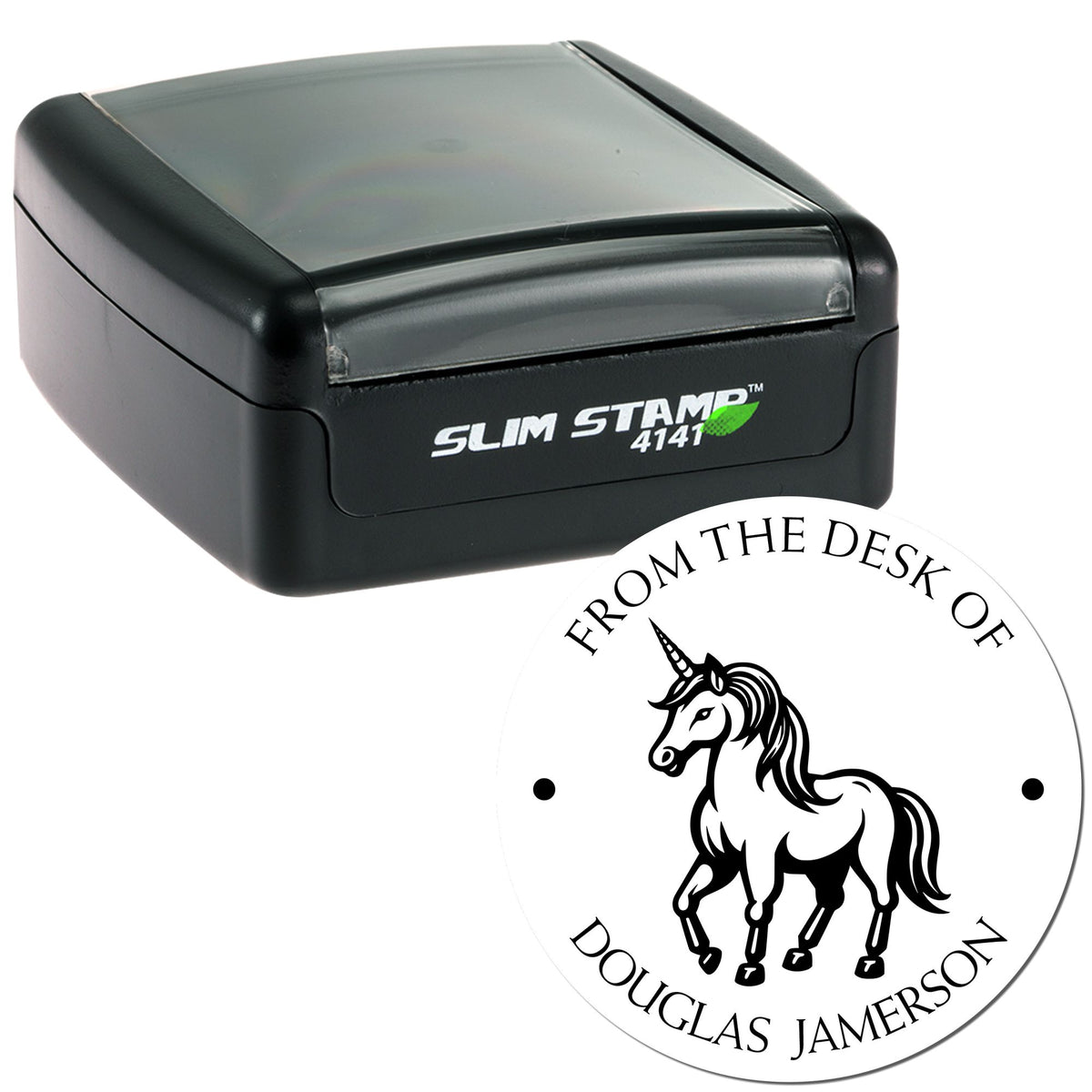 Black Slim Stamp 4141 with translucent top and white unicorn desk seal reading From the Desk of Douglas Jamerson.