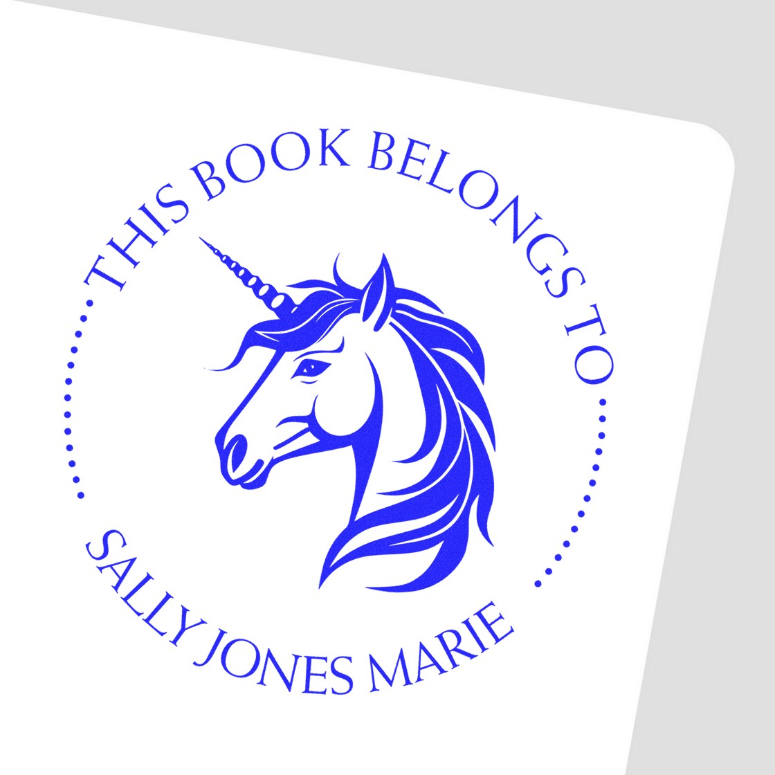 Blue unicorn book-ownership stamp seal reading This book belongs to Sally Jones Marie in circular text.