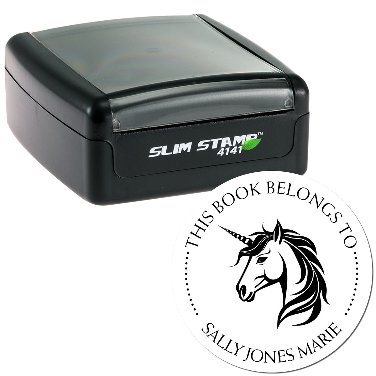 Black Slim Stamp 4141 and round white book seal with unicorn logo and This book belongs to Sally Jones Marie text.