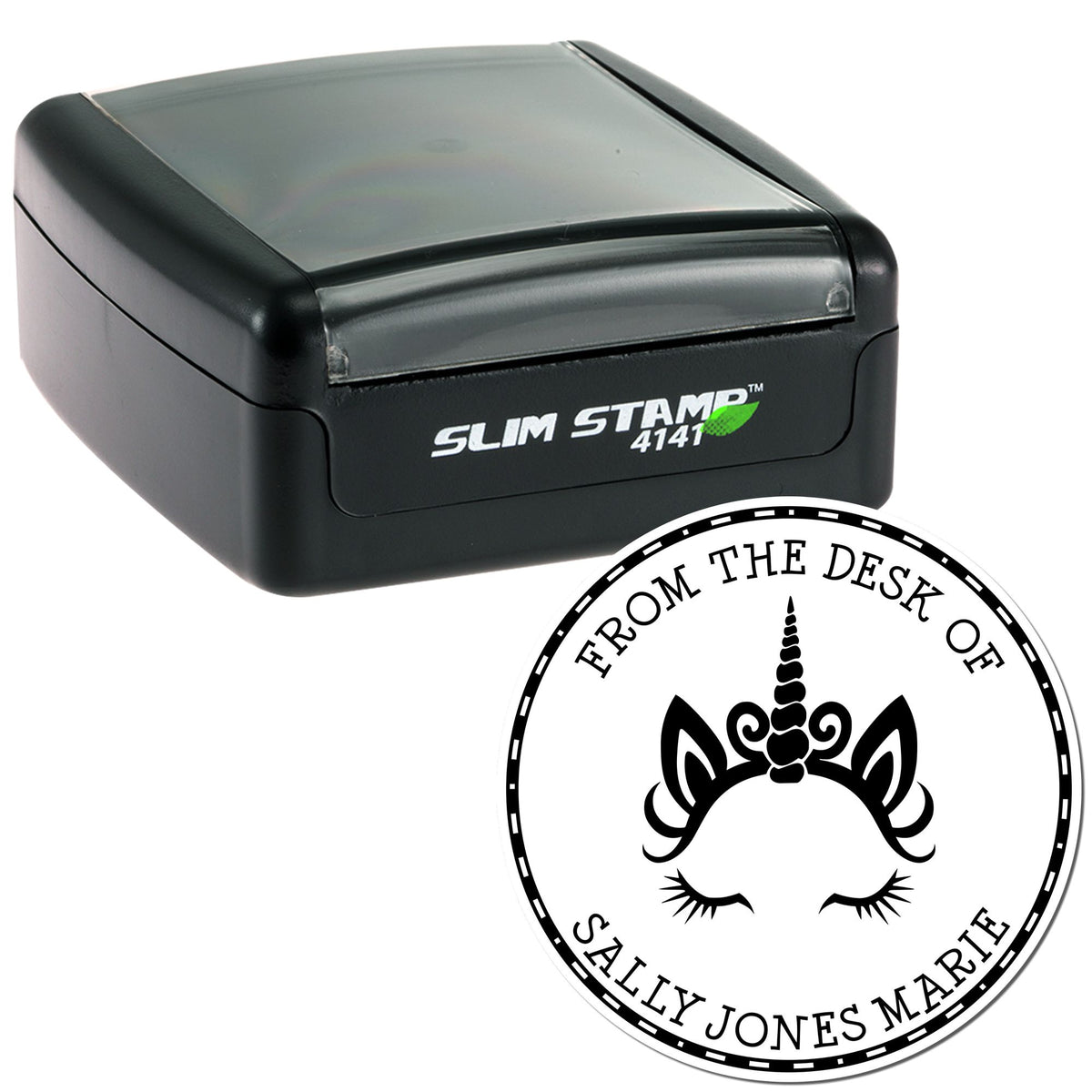 Black Slim Stamp 4141 self-inking stamp with custom circular seal reading From the Desk of Sally Jones Marie and unicorn icon.