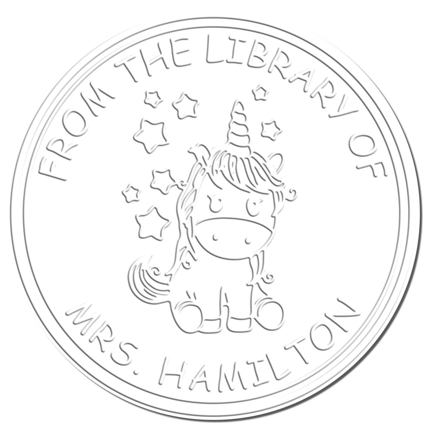 Round white embossing seal stamp with light gray unicorn, stars, and From the library of Mrs. Hamilton text.