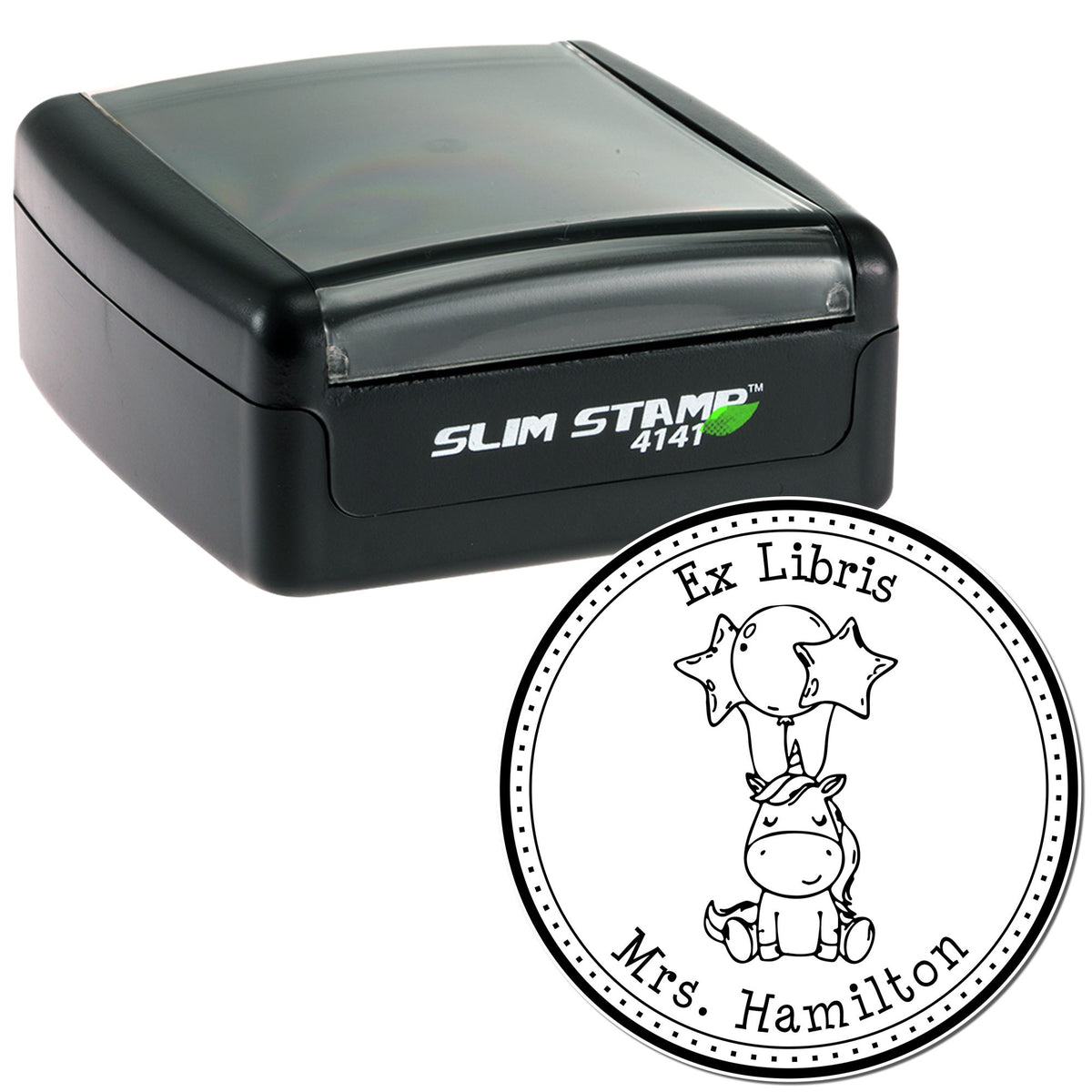 Black Slim Stamp 4141 with gray translucent top and round ex libris seal featuring a unicorn and stars, black-and-white.