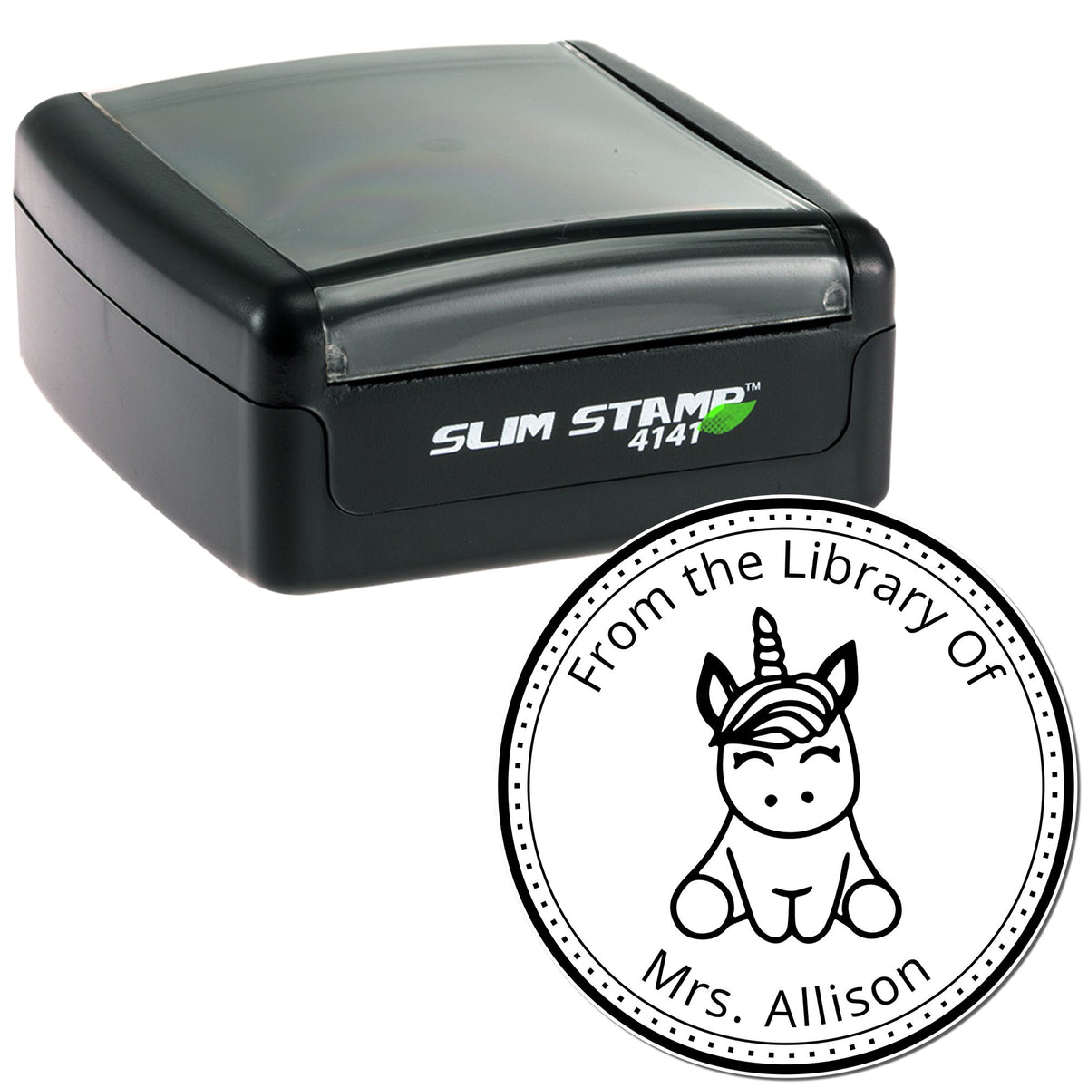 Black slim self-inking stamp and custom round library seal with unicorn design and Mrs. Allison text.