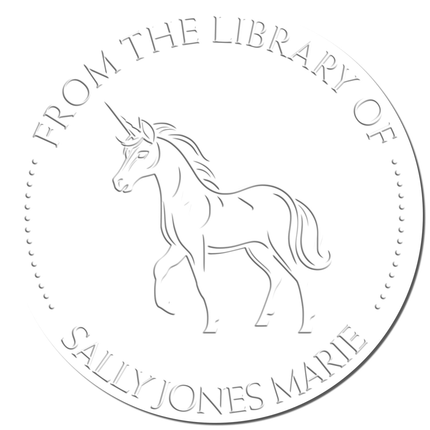 Silver embossed circular library stamp seal with unicorn line art and curved text for Sally Jones Marie.