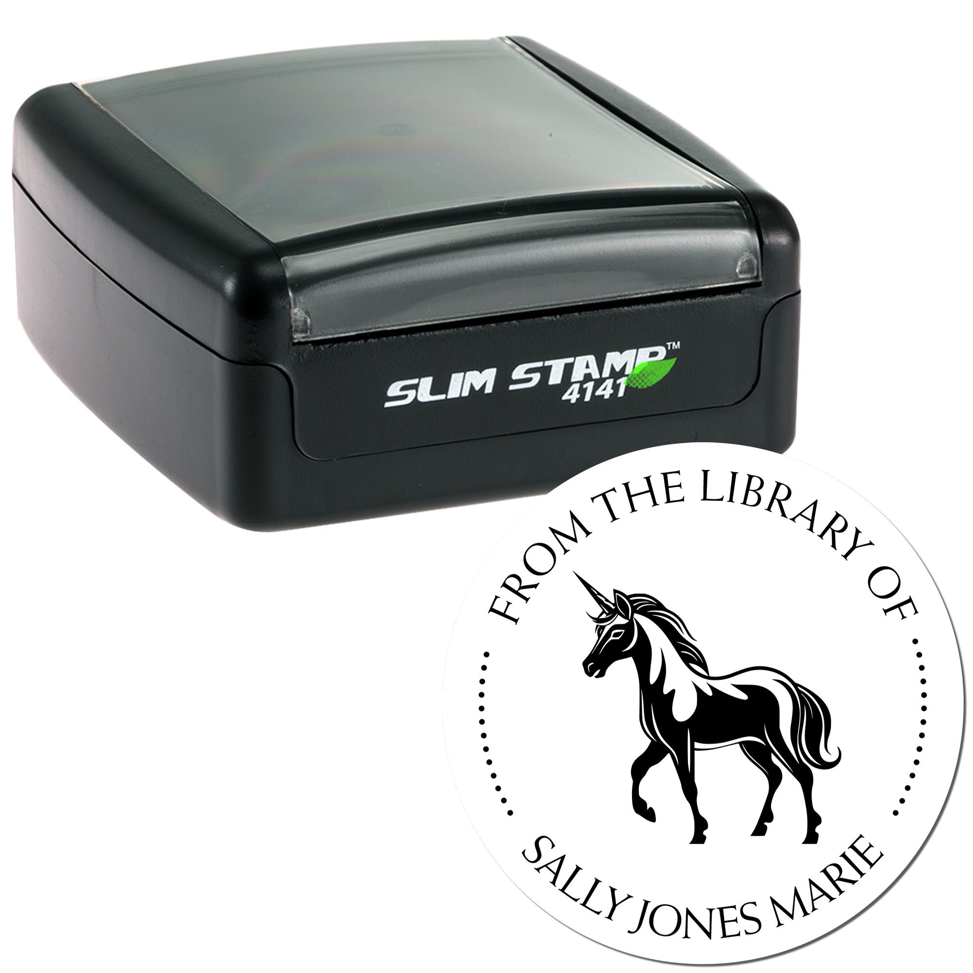 Black Slim Stamp 4141 self-inking stamp with circular white library seal featuring a black unicorn and name text.