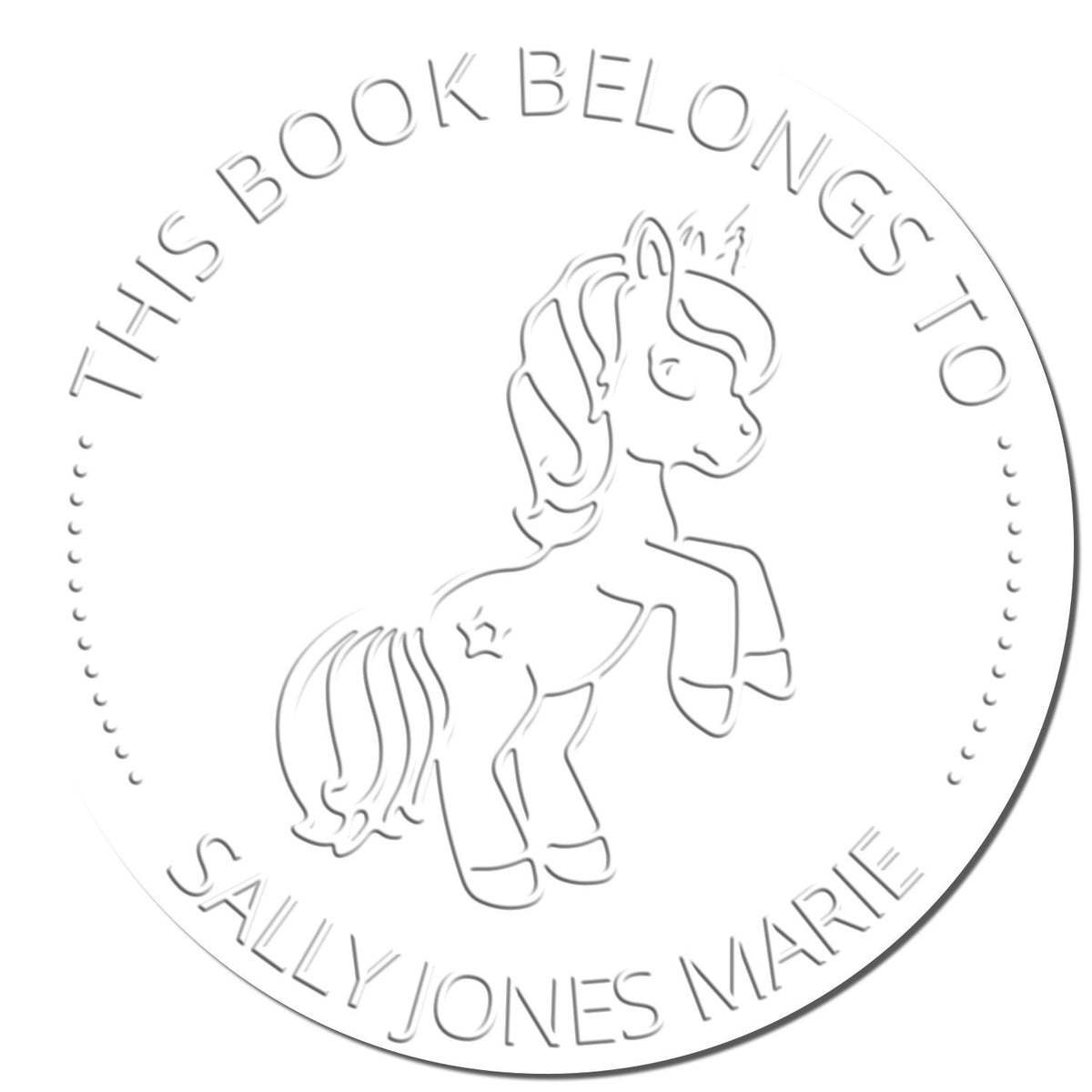 ESS Seraphiclight Mythical Unicorn handheld embosser with custom home library seal, featuring intricate unicorn and fantasy design.