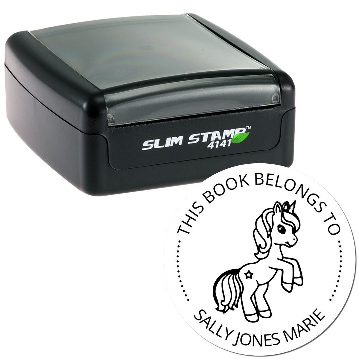 Black slim self-inking stamp with matching round white seal featuring a pony logo and This Book Belongs to Sally Jones Marie text.