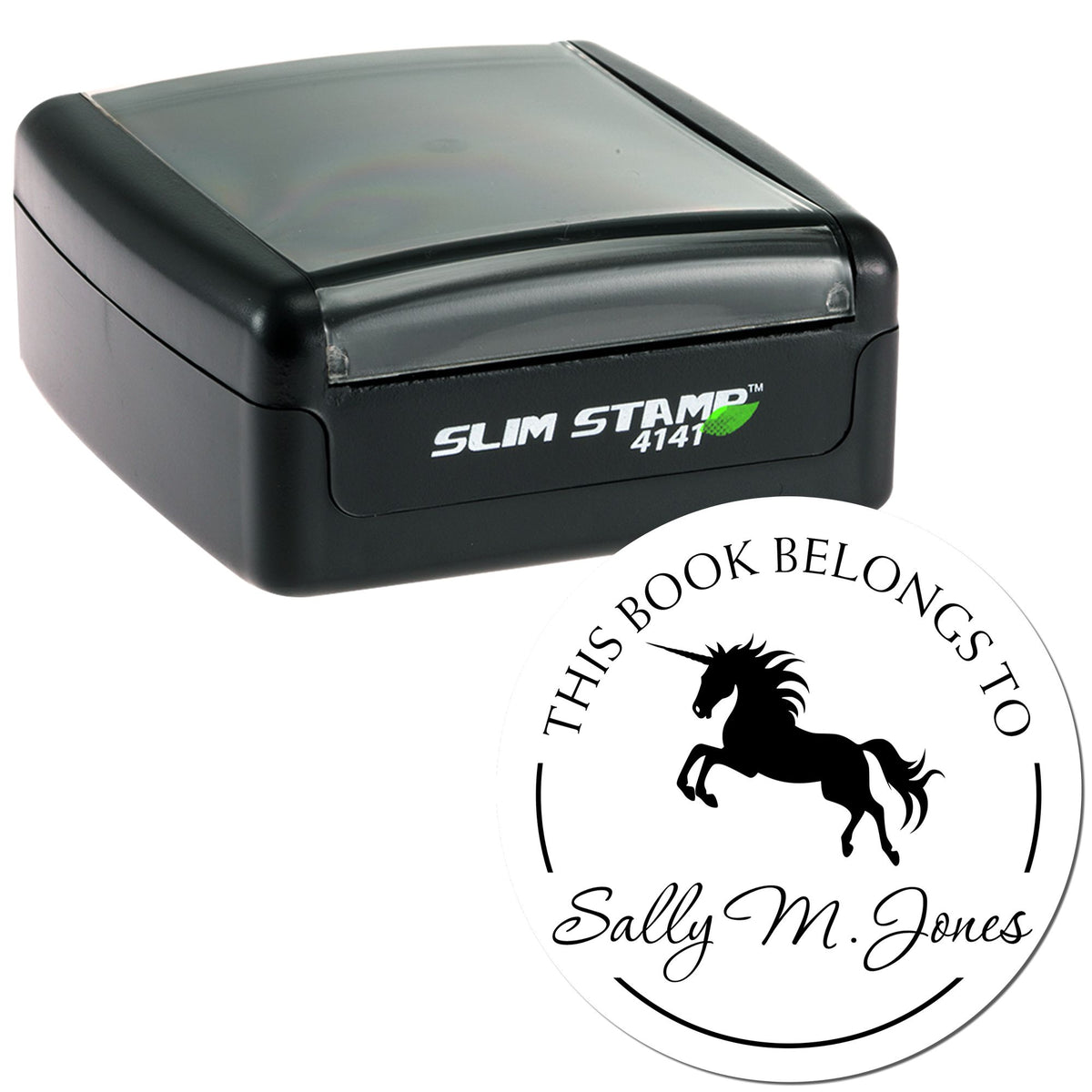 Black Slim Stamp 4141 self-inking stamp with round white custom seal, black unicorn logo, and Sally M. Jones text