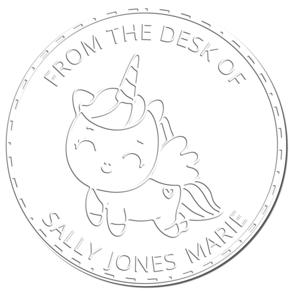 Circular custom stamp seal with a cute unicorn and From the Desk of Sally Jones Marie text in light gray.