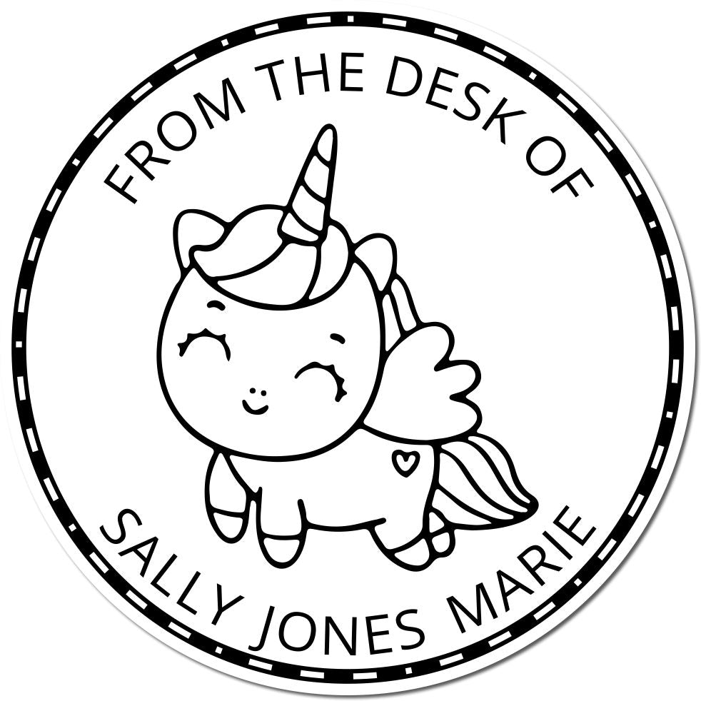 Round black-and-white unicorn name stamp seal with cute cartoon unicorn and text: From the Desk of Sally Jones Marie.