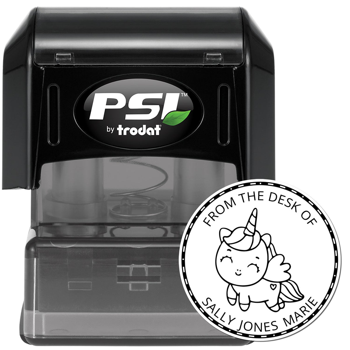 Black PSI by trodat self-inking stamp with silver-gray base and round unicorn seal reading From the Desk of Sally Jones Marie.